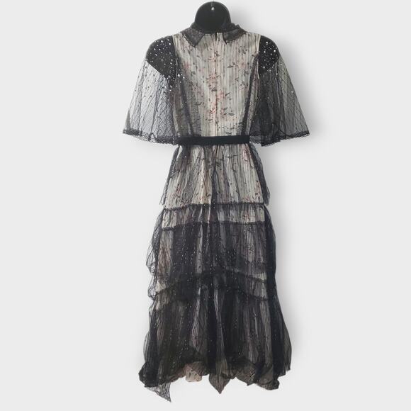 Dark Romance Victorian Sheer Lace Floral Studded Tiered Midi Dress Whimsigoth Sm - Picture 7 of 16